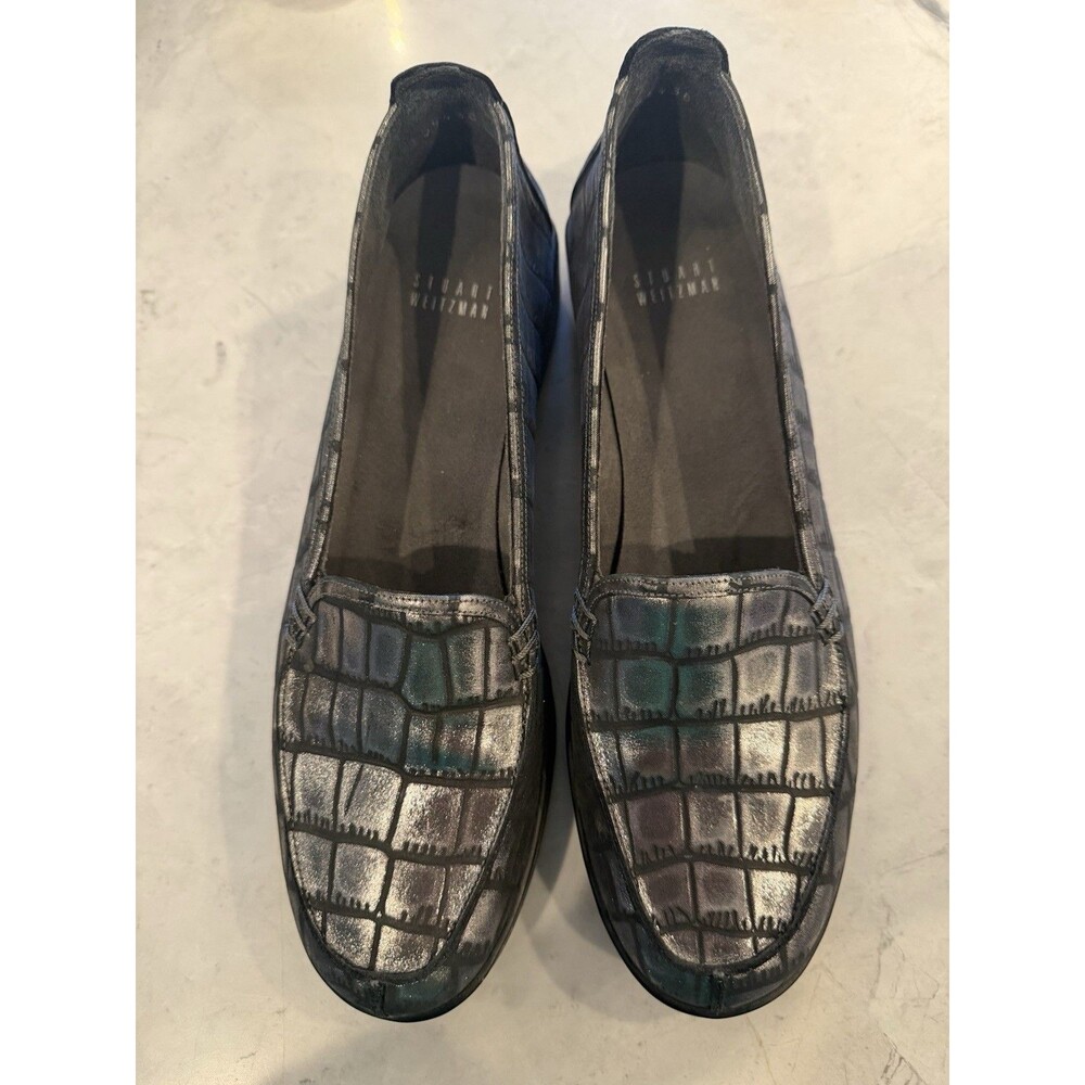 Stuart Weitzman Metal Crock Embossed Leather Loafers Gunmetal Slip On Wmns 9.5